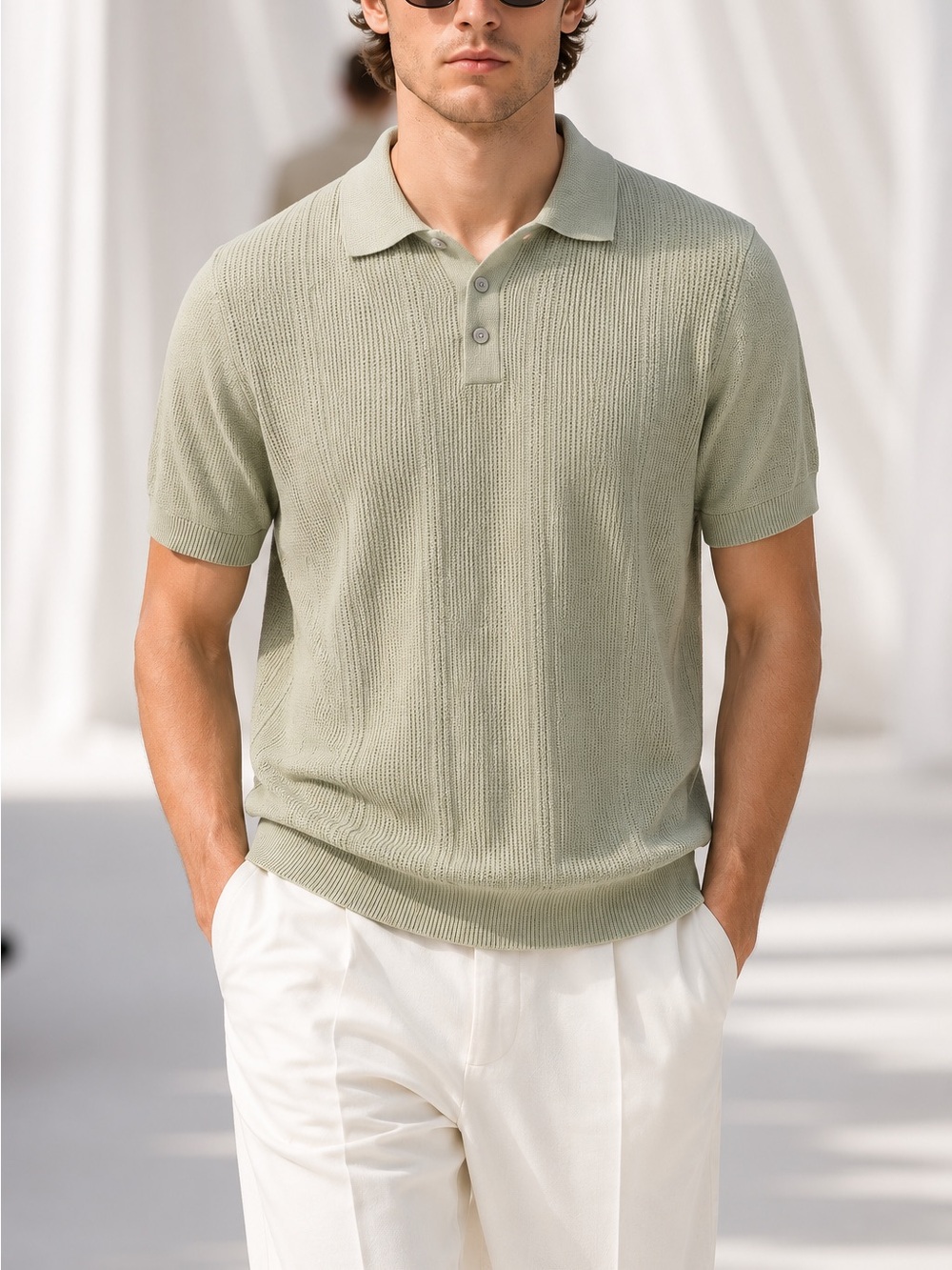 Point Zero Gold Black Label Textured Knit Polo Shirt Men’s Large Sage Green